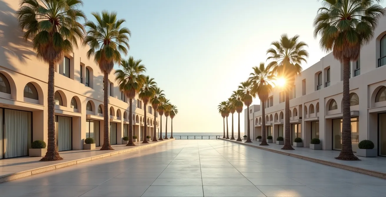 Promenade côtière du Cap d'Agde avec architecture méditerranéenne typique