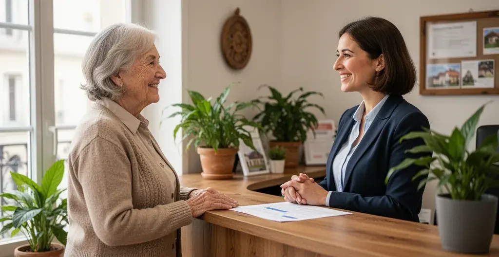 Conseillère immobilière accueillant une cliente retraitée dans une agence chaleureuse à Balaruc