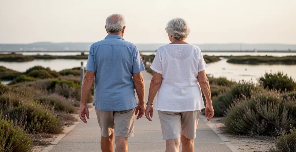 Couple de retraités se promenant le long de l'étang de Thau près de Balaruc-les-Bains