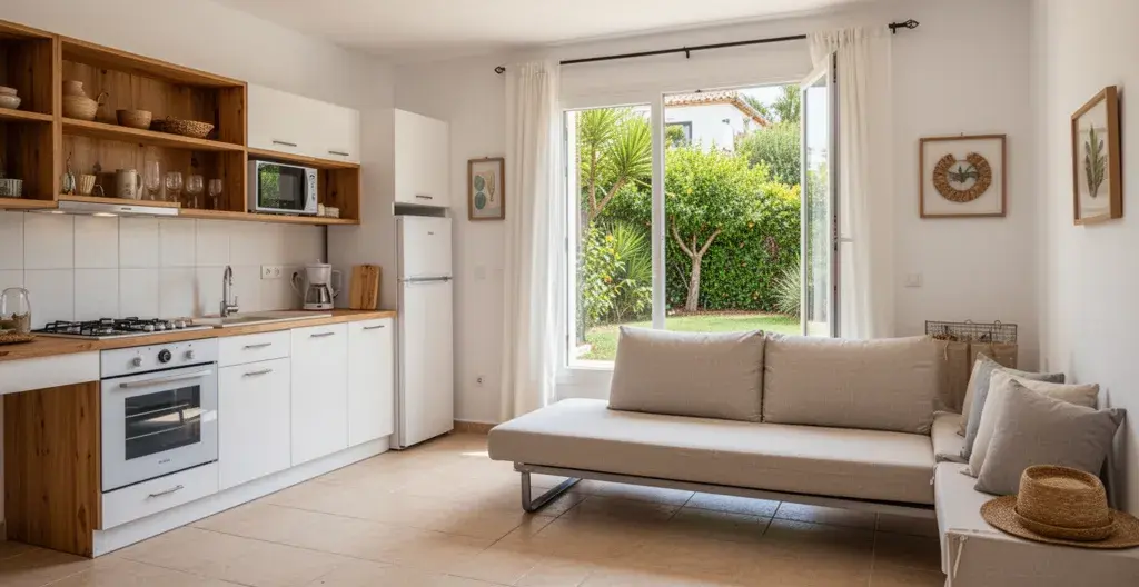 Intérieur lumineux d'un studio meublé avec coin cuisine équipé à Balaruc-les-Bains