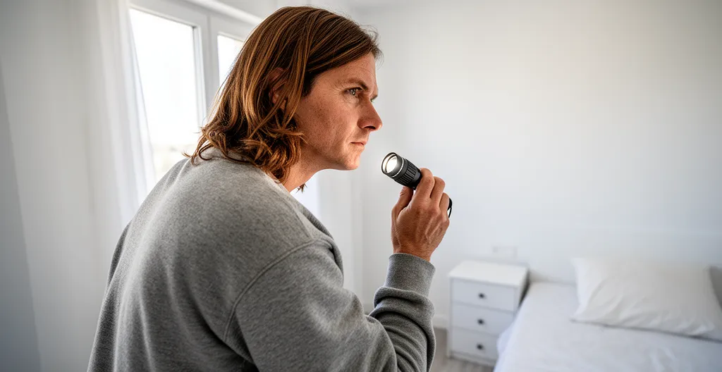 Personne inspectant une chambre de location avec attention