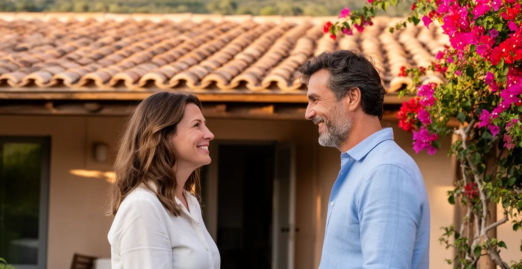 Agent immobilier local remettant les clés d'une villa à une famille à Propriano