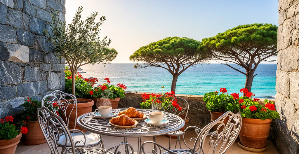 Terrasse d'une location vacances avec vue sur la mer en Corse du Sud