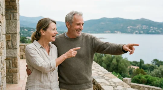 Deux personnes discutant sur terrasse avec vue sur Propriano