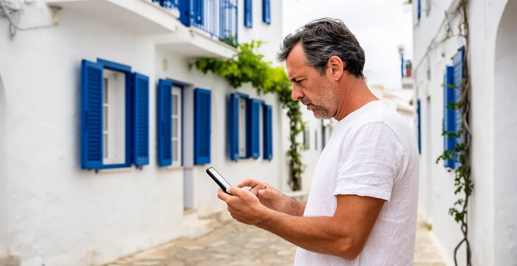 Vacancier comparant l'annonce de location sur son téléphone avec la réalité du bien à Propriano