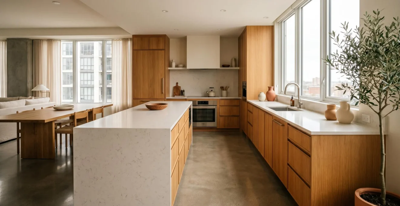 Cuisine ouverte lumineuse d'un appartement photographiée depuis le coin opposé à la fenêtre pour une annonce immobilière