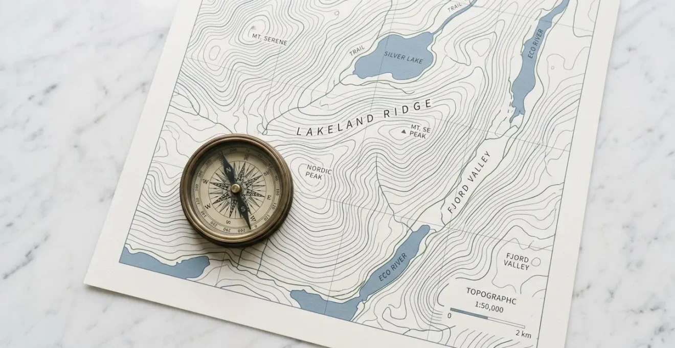 Boussole et carte sur une surface claire, symbolisant la clarté et la direction dans la recherche immobilière