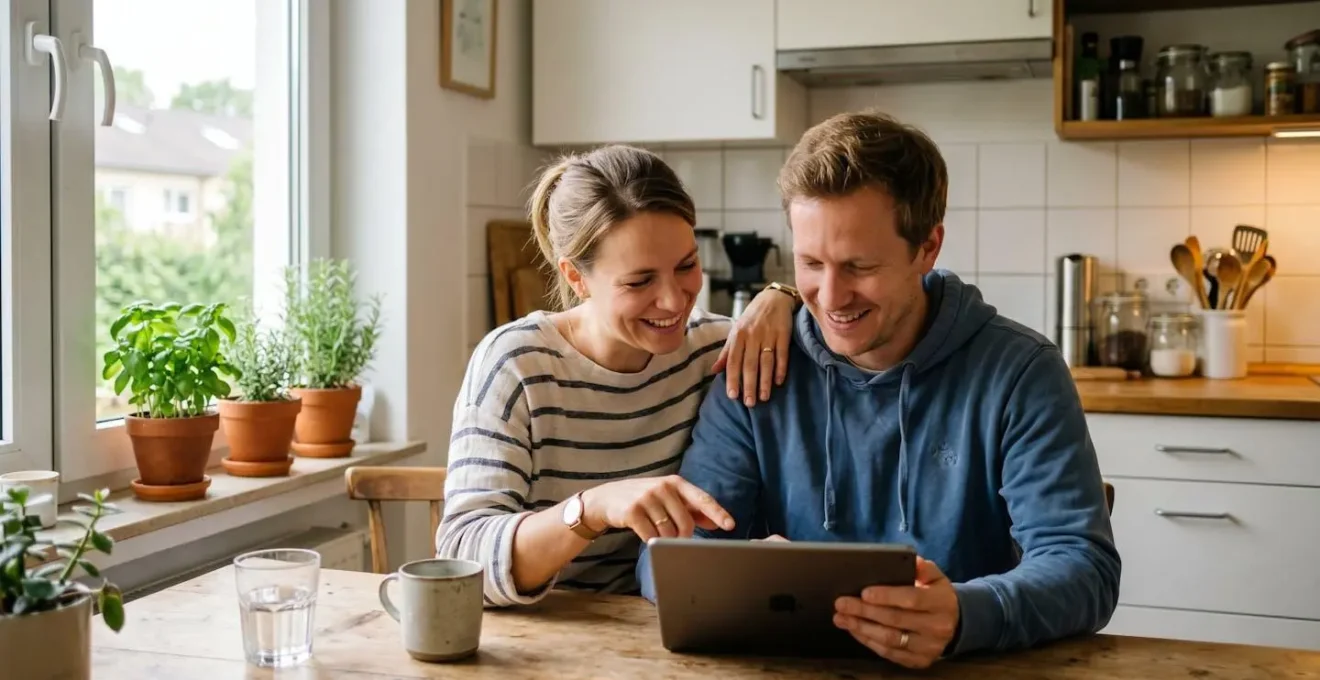 Couple consultant des annonces immobilières sur une tablette dans une pièce lumineuse
