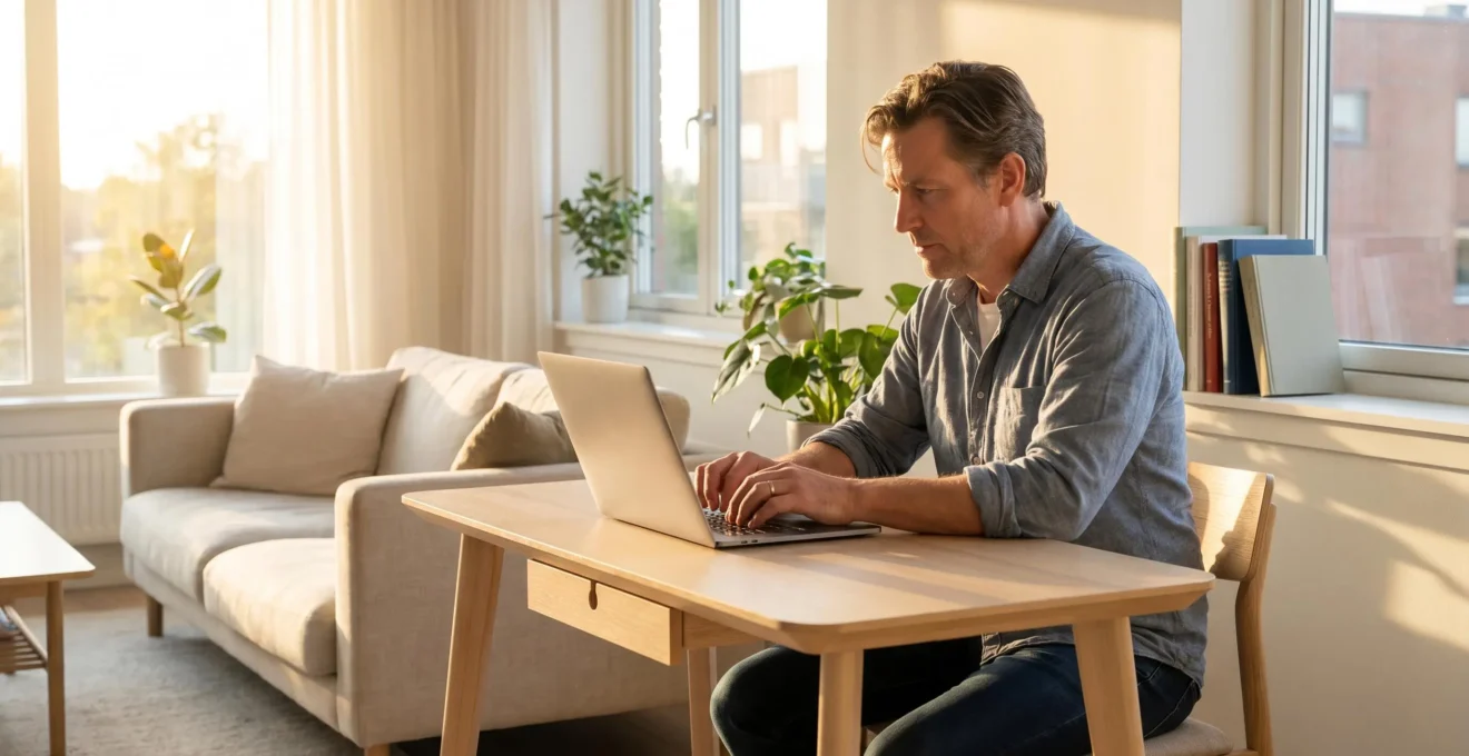 Propriétaire concentré rédigeant une annonce immobilière sur son ordinateur dans un salon lumineux